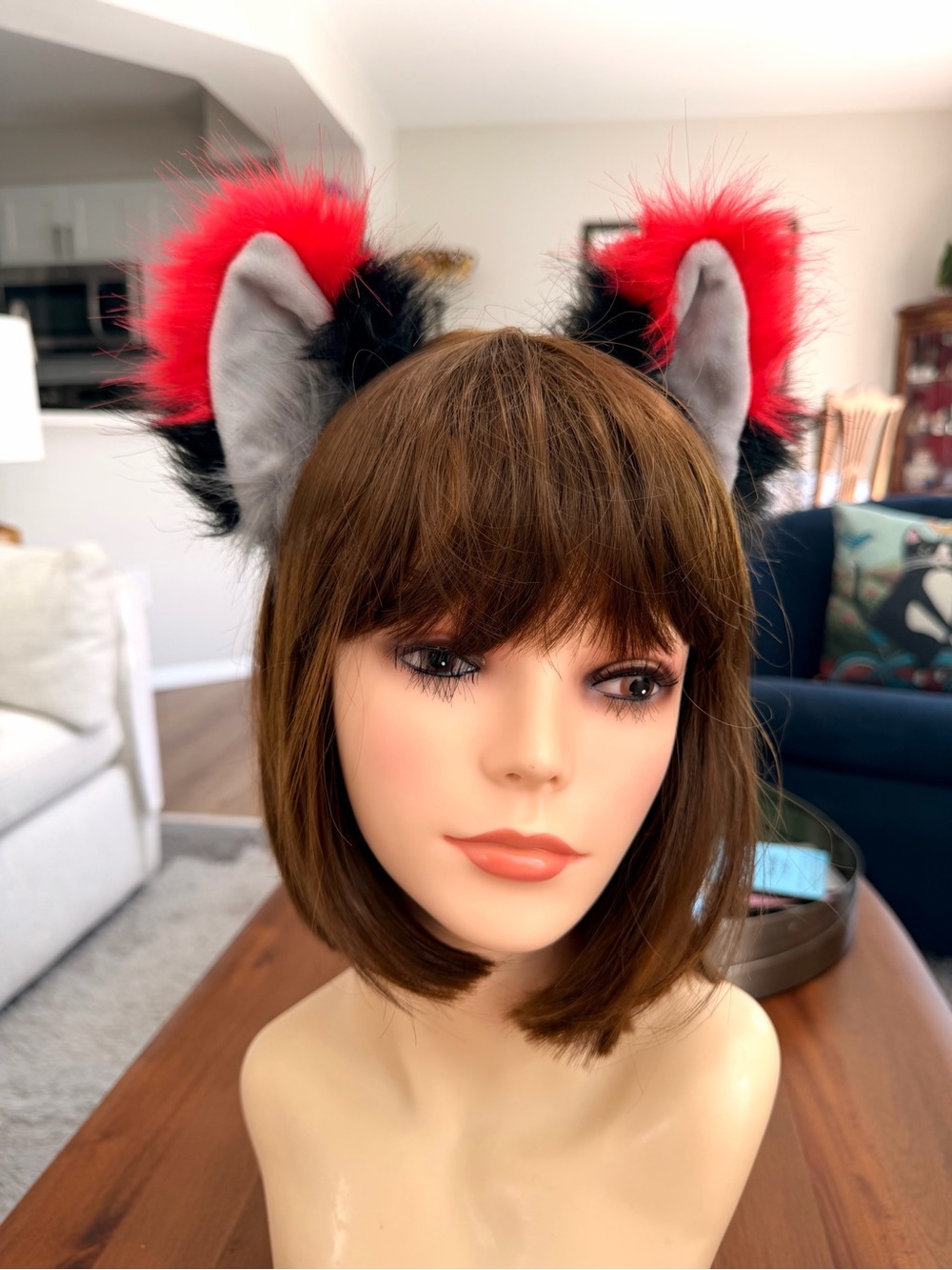 Black Red Gray Faux Fur Wolf Fox Cat Ears Headband Cosplay Costume